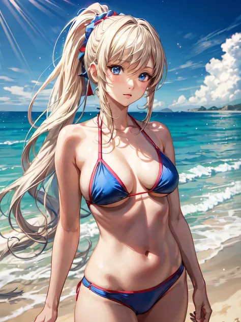 realistic, anime, 1girl, blond hair, ponytail hair, long hair, blue eyes,  red bikini, beach, light particles, light rays, wallpaper,
