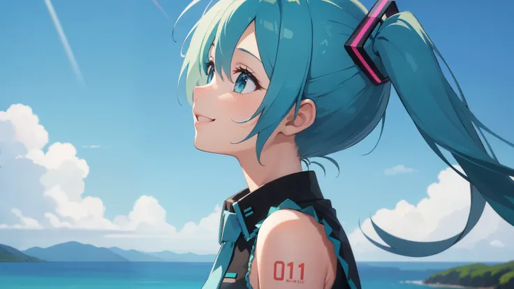 ((Highest quality)), ((masterpiece)), (detailed), One girl, Hatsune Miku,whole body,Miku looking up at the blue sky,smile,profile,