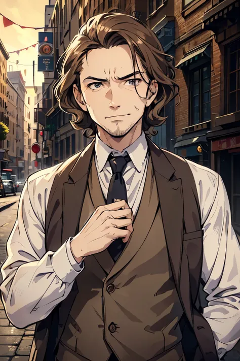 background character, one man, light brown hair, m hairline, spilt hairline, wavy hair, short hair, mid aged man, falcon eye shape, detailed eyes, intense stare, confident expression, evil smile, poor clothing, pawn clothes, dirty streets background, ancie...