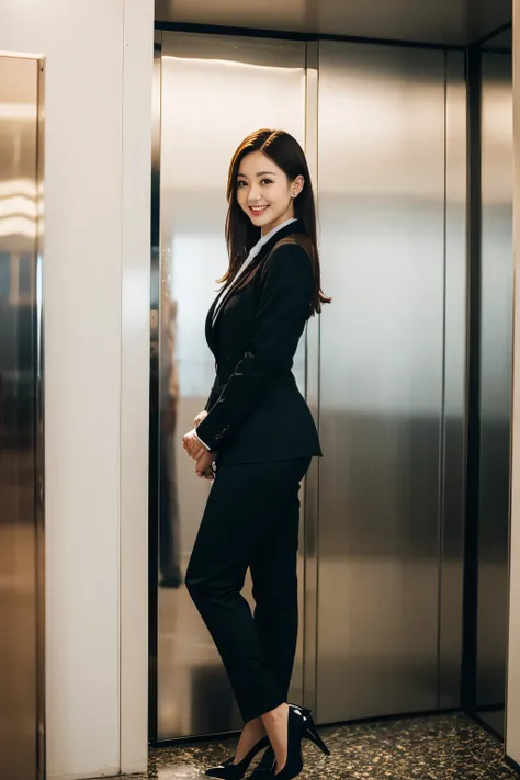 best quality, muste piece, photorealistic, high resolution, 8k　Raw photo,solo, 1girl, 30 years old、look back at the elevator、smile、Press the button、business suit、legs spread wide、high heels