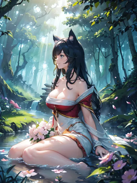 (best quality,4k,8k,highres,masterpiece:1.2),ultra-detailed,(realistic,photorealistic,photo-realistic:1.37),Anime girl laying down,smiling,in a forest,surrounded by beautiful nature,majestic,spirit blossom,portraits,vivid colors,lush greenery,bright sunlig...