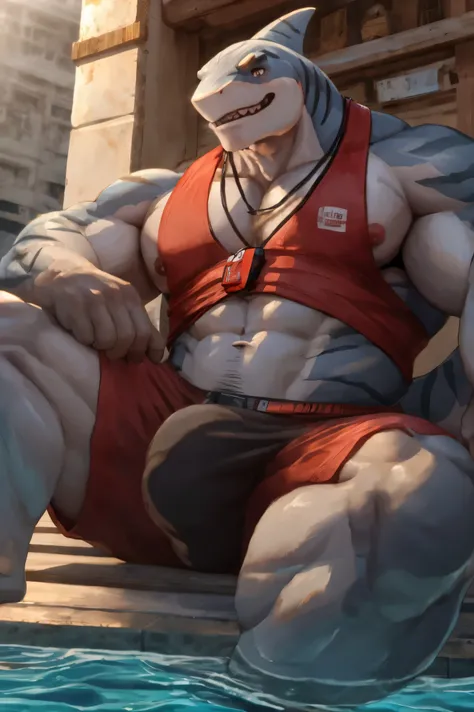 a muscular male shark, light grey skin, dark red eyes, sitting at public pool, Lifeguard clothes, large bulge in crotch, body wounds, furry, bara, (best quality,4k,8k,highres,masterpiece:1.2),ultra-detailed,(realistic,photorealistic,photo-realistic:1.37),h...