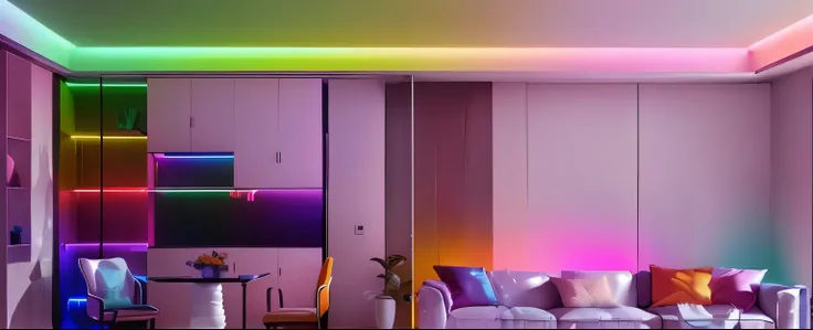 brightly lit living room with couch and chairs and table, dramatic and colorful lighting, colorful lighting, dramatic colorful lighting, dramatic gradient lighting, colored lighting, dramatic colored lighting, colourful lighting, led light strips, neon acc...