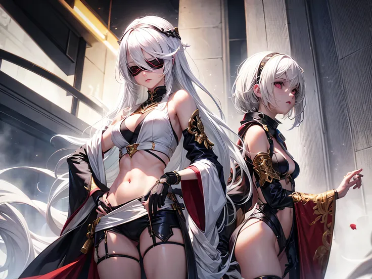 create a female character, white  hair, breasts small, thin and blindfolded