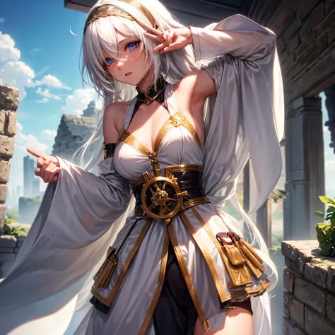 create a female character, white  hair, breasts small, thin and blindfolded