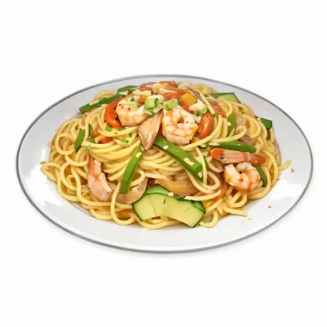 a plate of Noodle with shrimp and vegetables on it, Noodle, eats spaghetti all the time, delicious food, frying pan, ❤🔥🍄🌪, tasty, Chinese, plate, Okame, spaghetti, round, eating Noodle, 2k, full plate, two, Hyper-realistic food pictures, delicious, High-qu...