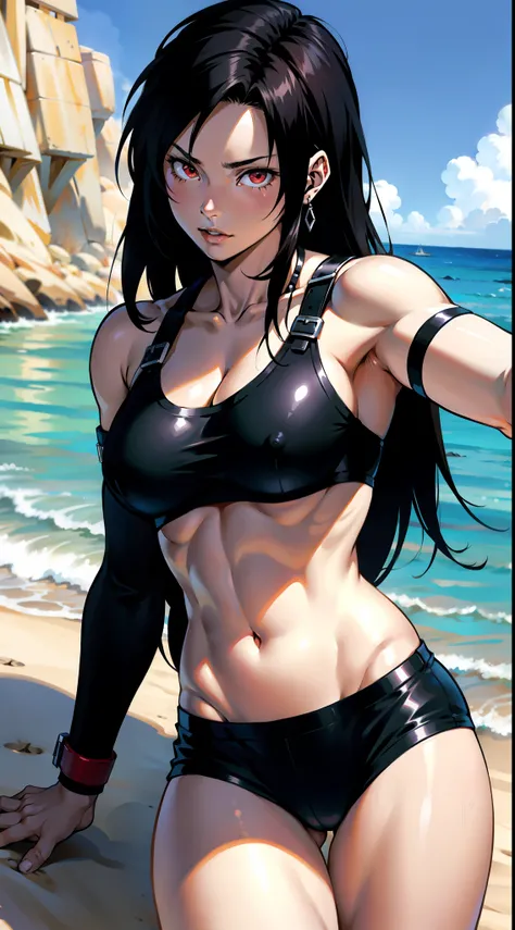 アニメ cel-shading Tifa Lockhart, red eyes, bikini, on the beach in ((anime + manga + comics + cartoon) style) 