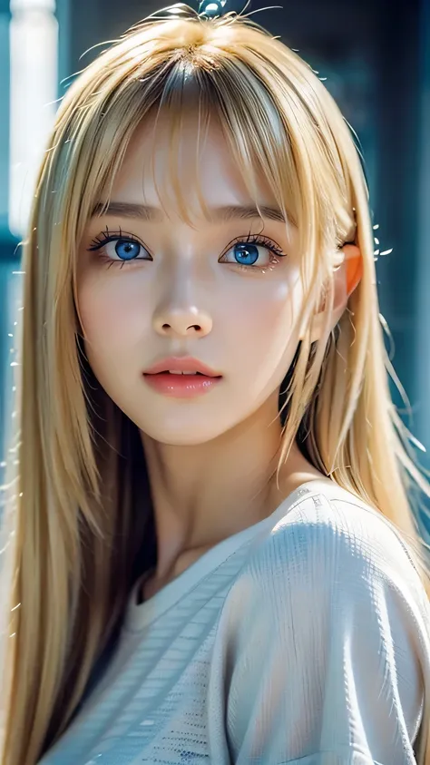 Dressed、(Photorealistic:1.4)、(ハイパーRealistic:1.4)、(Realistic:1.3)、(Smooth lighting:1.05)、(Improved cinematic lighting quality:0.9)、32k、1 Girl、A beautiful woman、Very cute expression、A beautiful 15 year old blonde girl、bangs that fall on the face、Bangs left o...