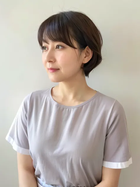 Short sleeve shirt、４０A chubby Japanese woman in her thirties、(White wall in the background、Gray hair)、profile、Photographed in front of a white wall、Layered Cut、Very delicate hair、(In a room with white walls and windows)、((Highest quality、8K、masterpiece:1.3...