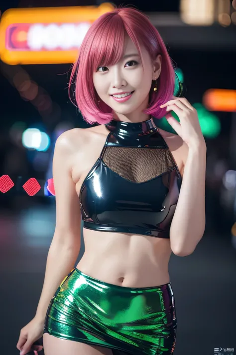 browsing caution、female idols、smile、ezvian everywhere、、shiny latex mini skirt（neon fuchsia)、(multi-colored medium hair)、conceptu...