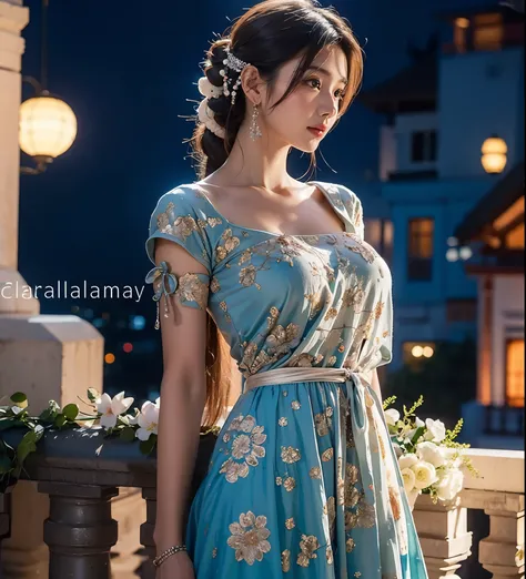 Beautiful Japanese waifu, early 30s, brunette hair, blue Indian wedding dress, in balcony