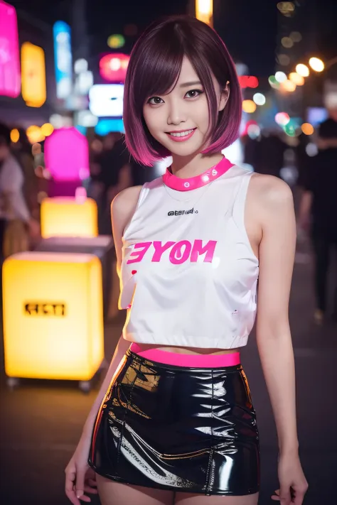 browsing caution、female idols、smile、ezvian everywhere、、shiny latex mini skirt（neon fuchsia)、(multi-colored short hair)、conceptua...