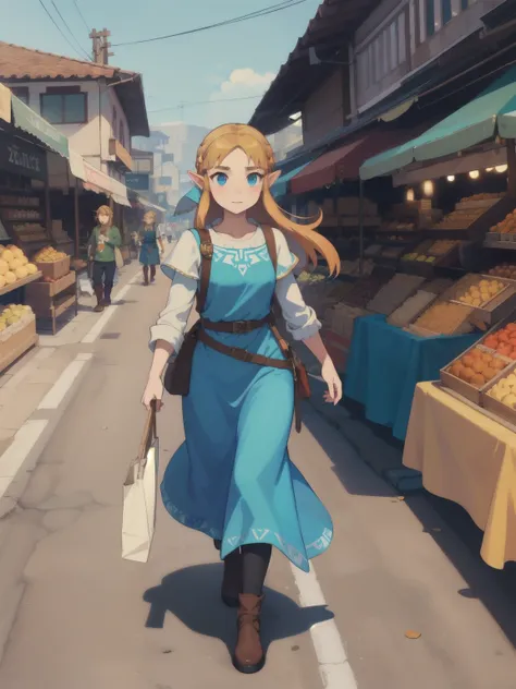 masterpiece, the best_quality, 1 sister, solitary, princess zelda walking on a busy market road, nintendo, the legend of zelda, ...