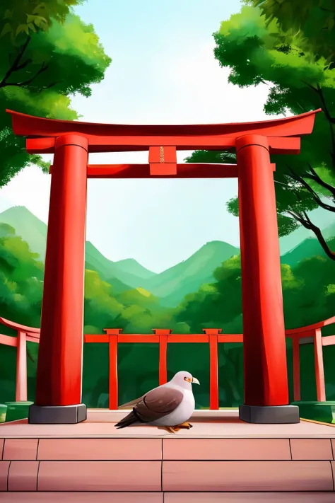 Please make the torii gates one。Please make the color of the pigeon like a pheasant.。Please make it a little closer overall。