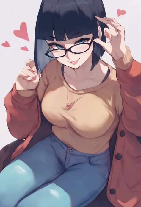 score_9, score_8_up, score_7_up, score_6_up, score_5_up, score_4_up, BREAK source_anime,rating_risky,a girl, curvy, pale skin, glasses. wearing cardigan and jeans, motherly smile, hime-cut hair, hearts in background, medium breasts,