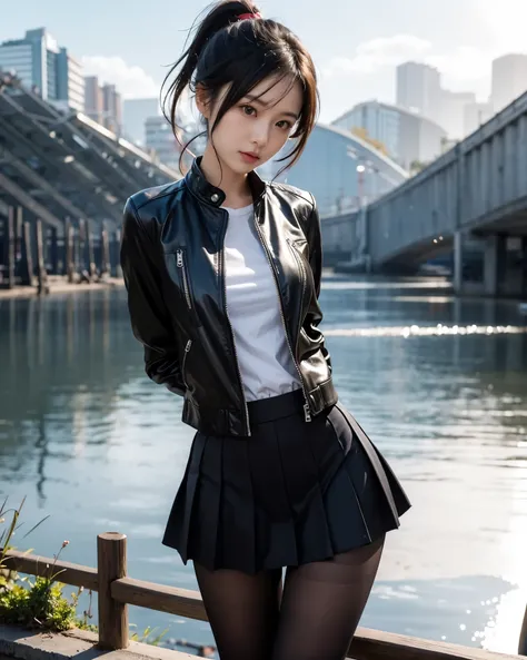 Beautiful Japanese waifu, early 30s, brunette hair, black jacket, pleated skirt, ankle high boots 