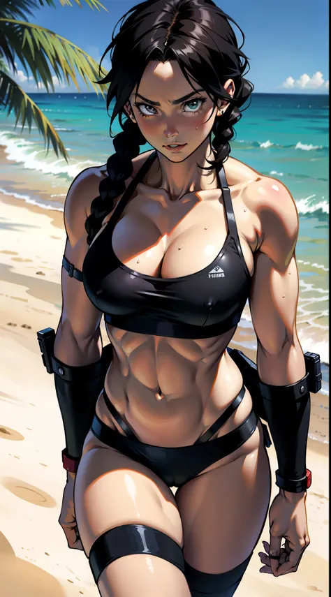 アニメ cel-shading Lara Croft, bikini, on the beach in ((anime + manga + comics + cartoon) style) 