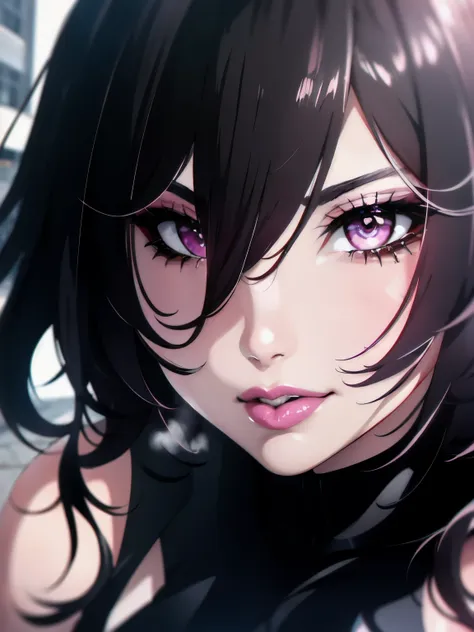 ((masterpiece)), (best quality), 8k, ultra-detailed, absurdress, 1girl, messy hair, pink lips, black hair,  mascara, smoky eyes,...