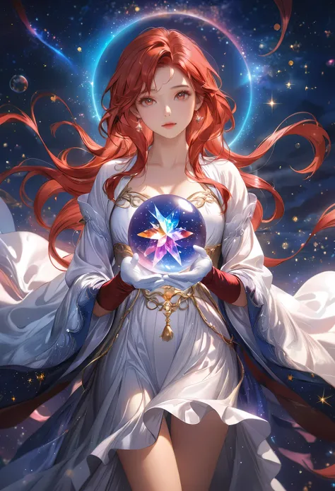 a beautiful astrologer charting the stars in the majestic starry night sky, detailed face and expression, long flowing robes, mystical aura, glowing crystal ball, fantastical celestial background, dramatic lighting, cinematic composition, digital art, conc...