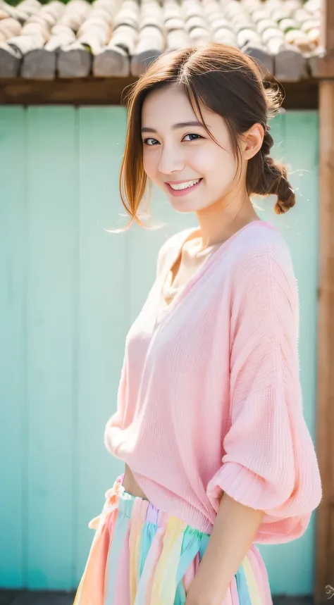 Highest quality,High resolution,Photorealistic,RAW Photos,Glowing Skin,Japanese women　Bright smile　Pastel colored clothes