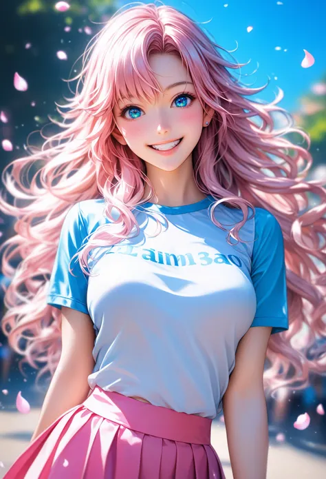 score_9, score_8_superior, score_7_superior,Wearing a blue anime-style T-shirt and pink skirt、In front of a cute girl with long hair smiling happily at the camera、There is a beautiful woman smiling gently here too、They both have sparkling eyes and bright w...