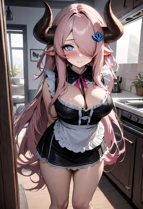 The perspective of this image is from several feet away and gives a full body view of Narmaya. Narmaya is standing in a living room. She is wearing a French maid outfit that leaves little to the imagination. Her expression is extremely seductive and confid...