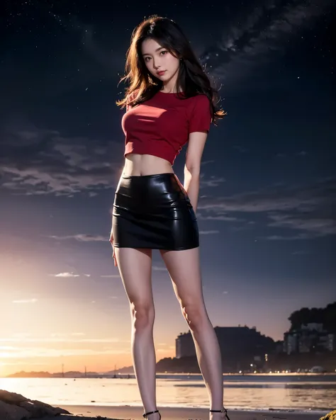 Beautiful Japanese waifu, early 30s, brunette hair, cropped top, pencil skirt, high heels, seaside sunset 