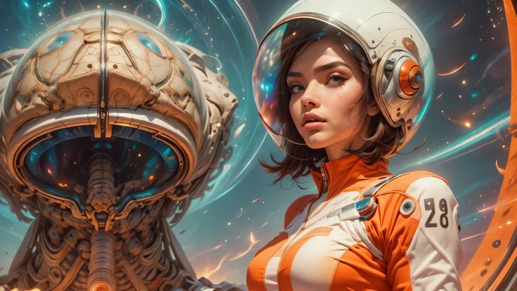 arafed image of a white woman in a futuristic suit with a spaceship in the background, movie art, in front of an orange background, inspired by Robert McGinnis, female protagonist, megastructure in the background, portrait of an ai astronaut, astronauts, a...