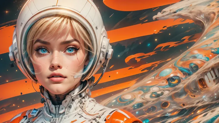 arafed image of a white woman in a futuristic suit with a spaceship in the background, movie art, in front of an orange backgrou...