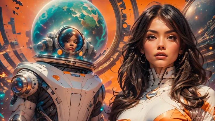 arafed image of a white woman in a futuristic suit with a spaceship in the background, movie art, in front of an orange background, inspired by Robert McGinnis, female protagonist, megastructure in the background, portrait of an ai astronaut, astronauts, a...