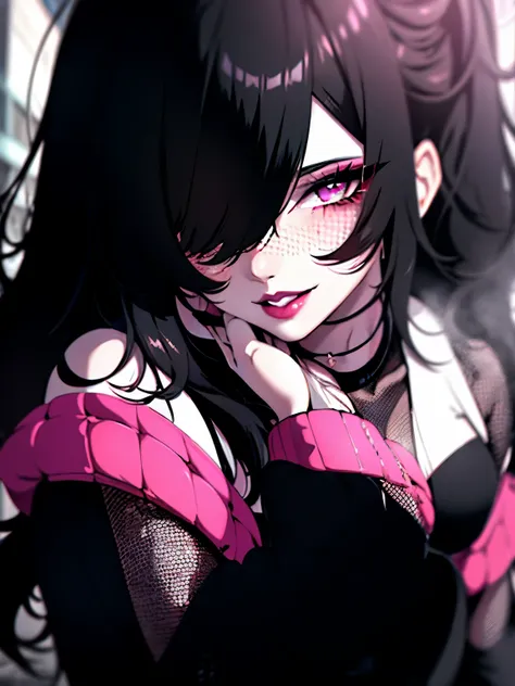 ((masterpiece)), (best quality), 8k, ultra-detailed, absurdress, 1girl, messy hair, pink lips, black hair,  mascara, smoky eyes,...