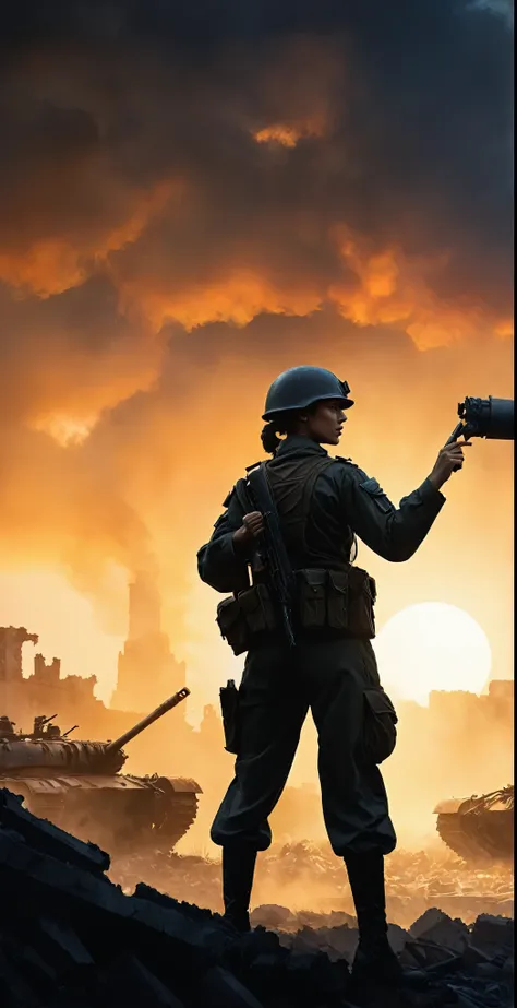 （A female soldier raised her hand to touch something，Background is the ruins of the city，Under the sunset：1.5）painting masterpiece, Extremely detailed, Black White Dark Steel Dark Blue Black Light Brown Dark Brown White Light Orange Dark Red Dark Green, Dr...