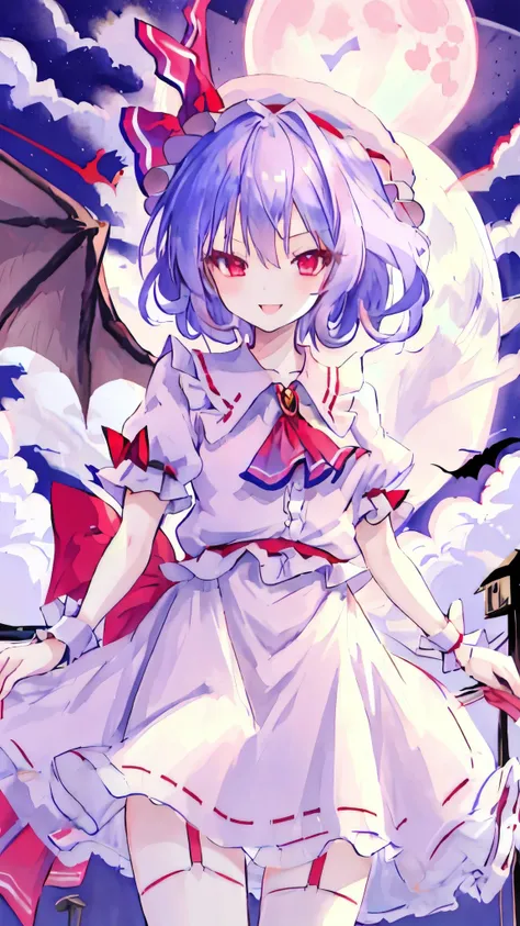 best quality, masterpiece, highres, solo, {remilia_scarlet_touhou:1.15}, red_eyes, short_hair, bat_wings, wings, ribbon, hat, bl...