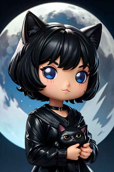 funko girl , short black hair, moonlight background, evening, black kitten on the side