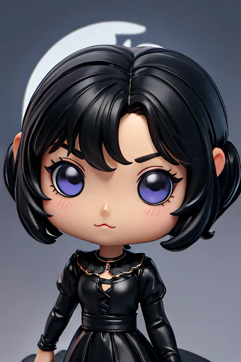 funko girl , short black hair, moonlight background, evening, black kitten on the side