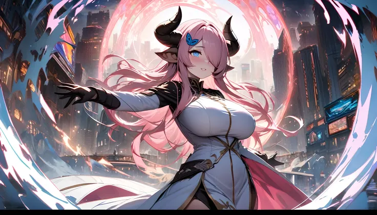 Narmaya has just stepped through a portal from her fantasy world into modern America. She stands in awe of the city buildings around her as the portal behind her closes. Shes is wearing her traditional white outfit. In the background The magical glowing po...