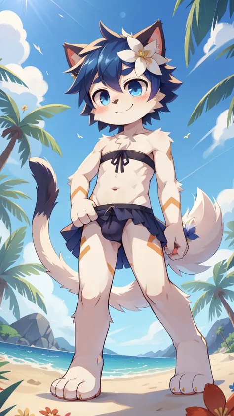 score_9,score_8_up,score_7_up, source_cartoon, source_furry, cat boy, cat tail, dark blue hair, hair over one eye, huge long ponytail, spike side hair, furry, blush, looking at viewer, smile, 1boy, cat ears, furry male, white body fur, ((flower on hair, da...