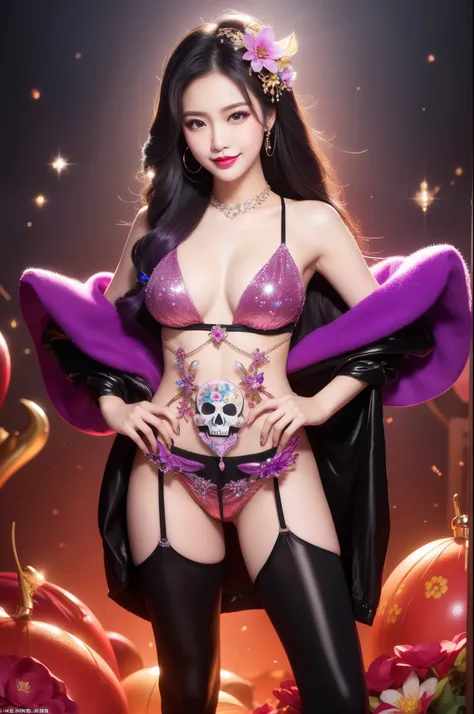 sexy Thai model who controls poison、beautiful smile、lip-gloss、bold lipstick、intense makeup、look at the camera、full body Esbian、、sparkling poisoned flower costume、、、、sparkling Colorful hair、secrete poison、skull hair accessories、sexy tights、shiny sparkling f...