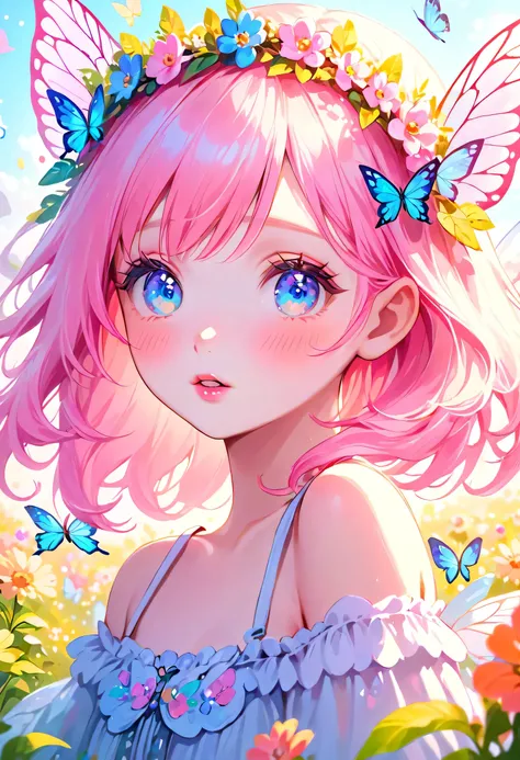 kawaii girl, 1girl, beautiful detailed eyes, beautiful detailed lips, extremely detailed face, long eyelashes, soft pastel colors, pink hair, blue eyes, white skin, cute expression, flower crown, fairy wings, fantasy meadow background, magical light, glowi...