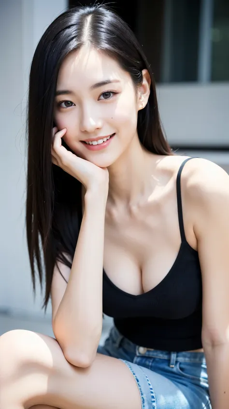 22-year-old girl, with gray eyes, pale white skin, slim figure, smiling, black hair, fashionable, sitting, photo taken with an ultra-realistic professional camera