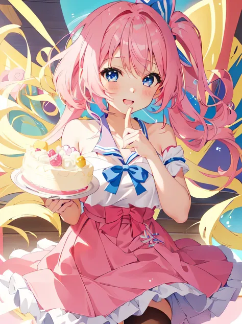 anime girl with pink hair and blue bow holding a cake, (anime girl), cute anime girl, young anime girl, anime visual of a cute girl, anime girl, anime moe artstyle, pretty anime girl, anime style 4 k, an anime girl, beautiful anime girl, splash art anime ,...