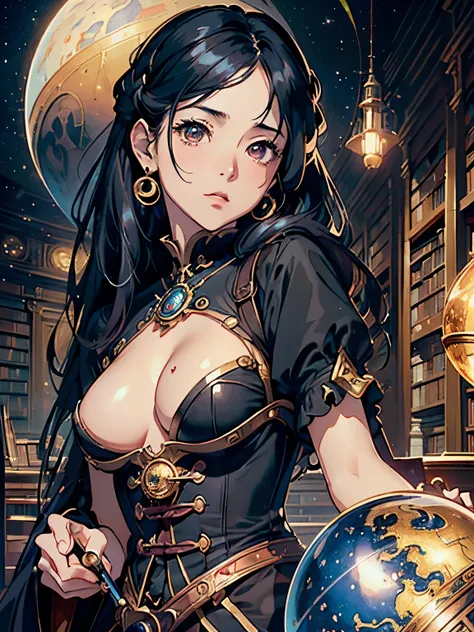 (Highest quality、High resolution、masterpiece)、(Anime Art 4k)、((One Woman、astrologer、Astronomer、Upper Body、Black Hair、Small breasts)), ((Inside the big library、Large celestial globe、astrologerの机))、Victorian Style、steampunk、Cinema Lighting、Ray Tracing、(Water...