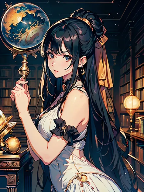 (Highest quality、High resolution、masterpiece)、(Anime Art 4k)、((One Woman、astrologer、Astronomer、Upper Body、Black Hair、Small breasts)), ((Inside the big library、Large celestial globe、astrologerの机))、Victorian Style、steampunk、Cinema Lighting、Ray Tracing、(Water...