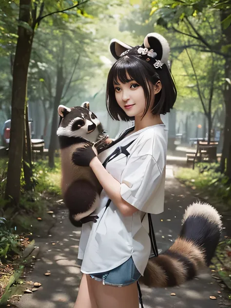 ((Highest quality)), ((masterpiece)), (Get used to it), Perfect Face, Tanuki Girl, Beautiful woman, public, Has a tail, She has a raccoon&#39;s tail, She wags her fluffy tail, smile, collar, (She is wearing a skirt suit:1.5), Beautiful hip line, Her tail i...