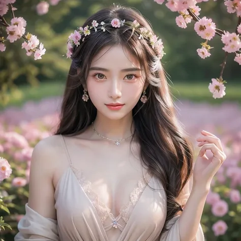 Beautiful supermodel woman, Mysterious atmosphere,goddess,It feels like you can use special abilities,Beautiful background,AI Images,Up from the upper body,Spiritual atmosphere,Use lots of beautiful flowers,Gaze forward,Please smile kindly,１people,大peopleっ...