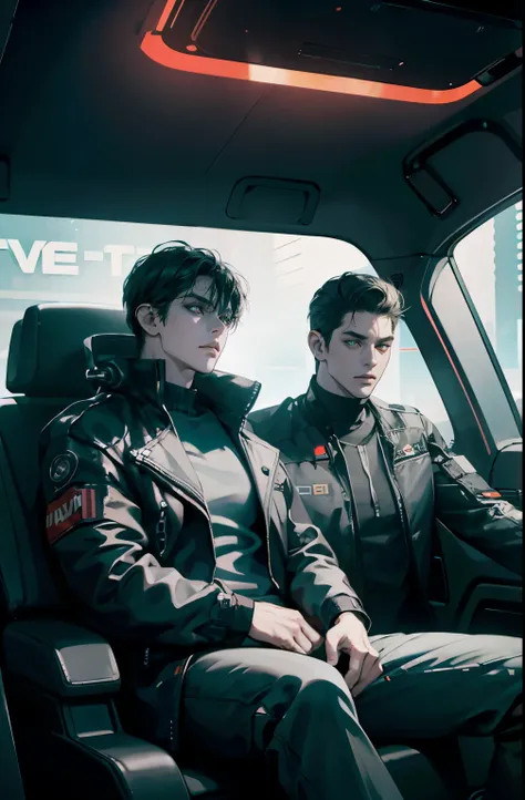 2 men sitting on the seats of an SUV，Heavy atmosphere,(Cyberpunk theme:1.3),The background is the interior of an armed off-road vehicle,Dim Lights,masterpiece,Surreal 8K,Half Body, portrait,Ray Tracing