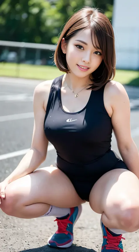 Before the start of a sprint race in athletics、（Orange track and field uniform）、{Undersized tank top、Wearing high leg bloomers}、（The abdomen is exposed）、（abdomen、arm、Exposed skin on legs）、Squat、M-shaped feet、close、Cosplay Photo、Anime Cosplay、Medium chest、R...