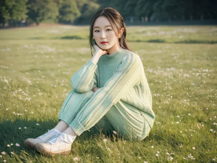 grassland，rosette，Girl sitting on the grass，flower ring，8K， best quality， realistic， very detailed，distance， Full Body Sbian，Wearing high-quality knits and pants, 36 years old, Head that only slightly covers the neck