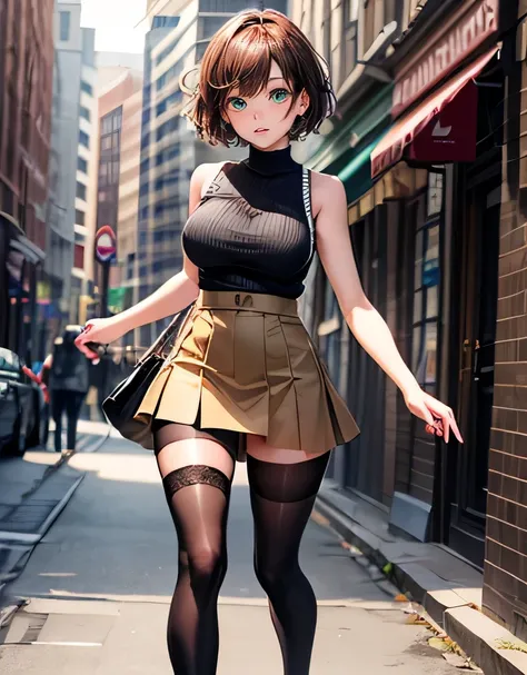 masterpiece, supreme quality, high resolution, (1 very cute girl), (brown super short hair), (big green droppy eyes), beautiful breasts, (black sleeveless knit), (brown tight skirt), (black knee stockings), (sensual), armpits, shoot the whole body, symmetr...