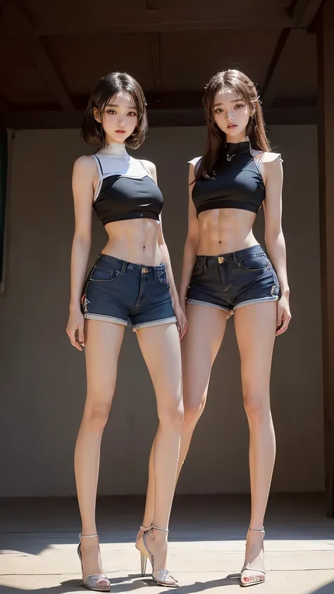 (8K、Raw photo、最high quality、masterpiece:1.5),(((((((Both of them stand with their legs apart:1.9))))))),(((((Both of them have an inseam that is more than half their height.:1.8))))),((Both have bare legs:1.6)),((Both of them are super slim:1.4)),(((((Two ...